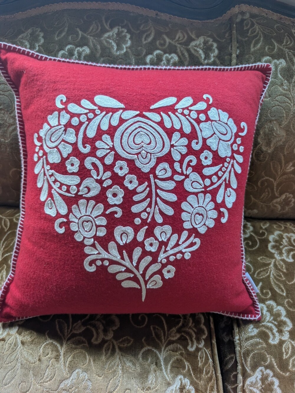 Nicole Miller Wool Embroidered Heart Floral Red Throw Pillow